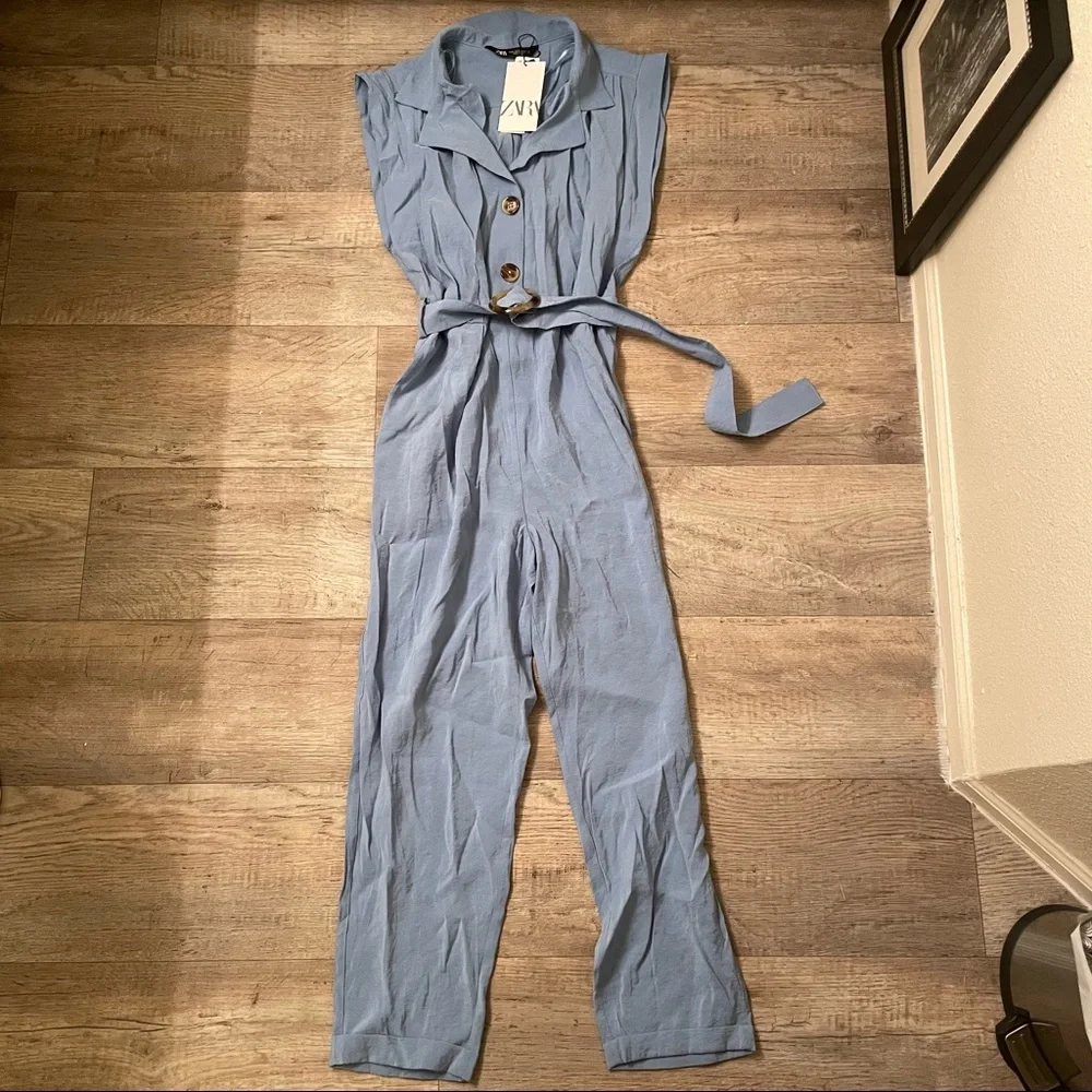 NWT Zara blue short sleeve buttoned up jumpsuit with a tie - Picture 15 of 15